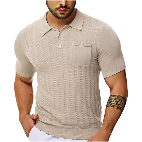 Yaoyar Mens Polo Shirt Short Sleeve Casual Knit Textured Button Down Polo Shirts with Pocket Men's Short Sleeve Turndown Collar Blouse Beige,3XL