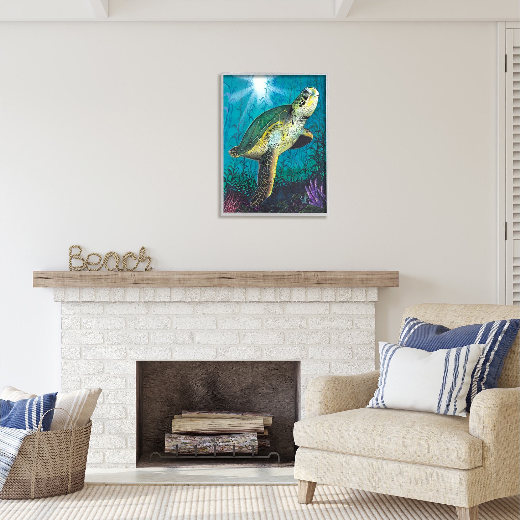 Stupell Industries Turtle Underwater Reef Animals & Insects Painting Gray Framed Art Print Wall Art, 24 x 30