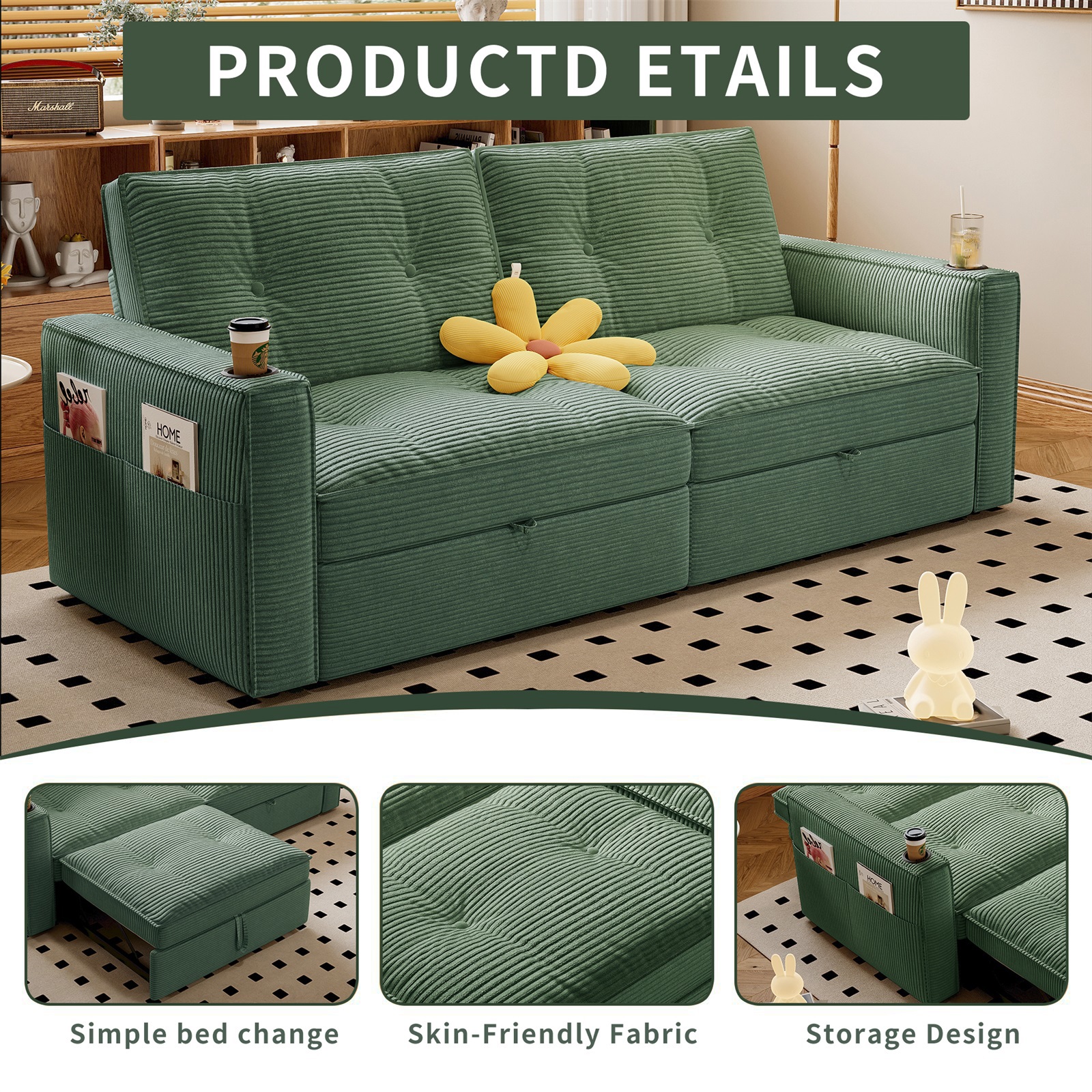 Hommoo 70" Convertible 2-in-1 Pull Out Couch Bed, Multi-Functional Corduroy Loveseat Sleeper Sofa Bed, Green
