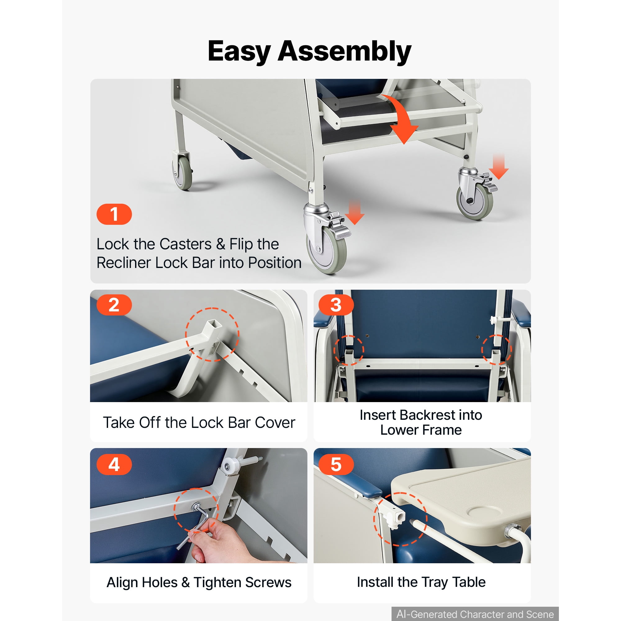 KFFKFF 3-Position Reclining Chair with 500 lbs Capacity, Comfortable Medical Recliner with Wheels, Padded Seat, and Tray Table for Healthcare Facilities and Home Care