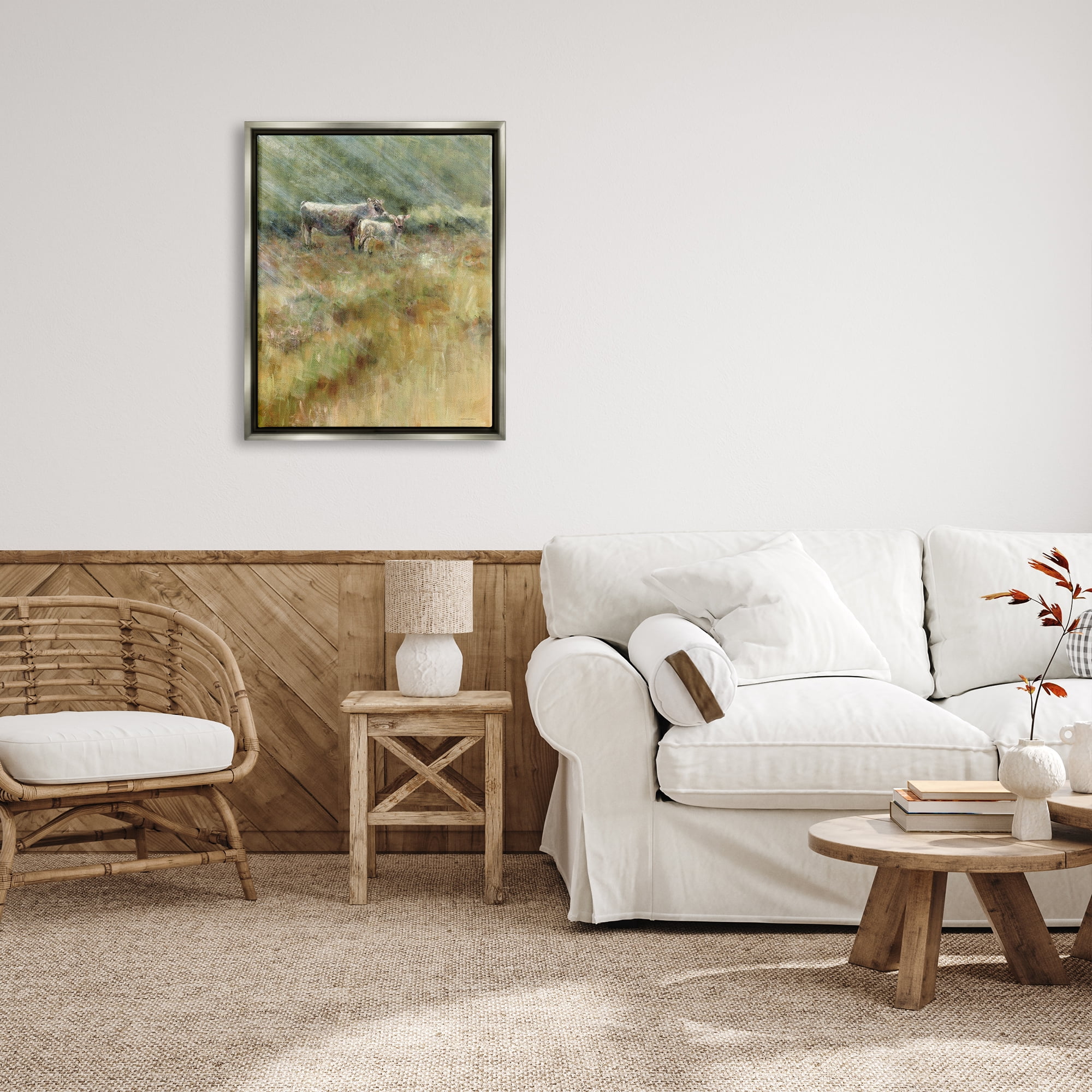 Stupell Sunlit Cattle Grazing Field Landscape Painting Gray Floater Framed Art Print Wall Art