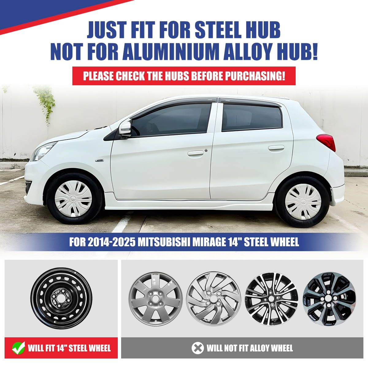 4 Pack 14 inch Steel Wheel Hubcaps for 2014-2025 Mitsubishi Mirage,Compatible With Steel Wheels,Snap-on Installation,Chrome