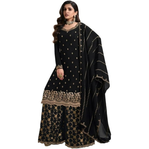 Indian Pakistani Stitched Traditional Wear Designer Shalwar Kameez Plazzo with Dupatta Suits ( Black, XXS - 34 )