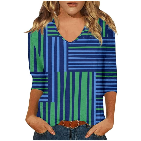 ZQUUVOU Women's T-Shirt Print Stripe V Neck 3/4 Sleeve Blouse D-Navy (S)