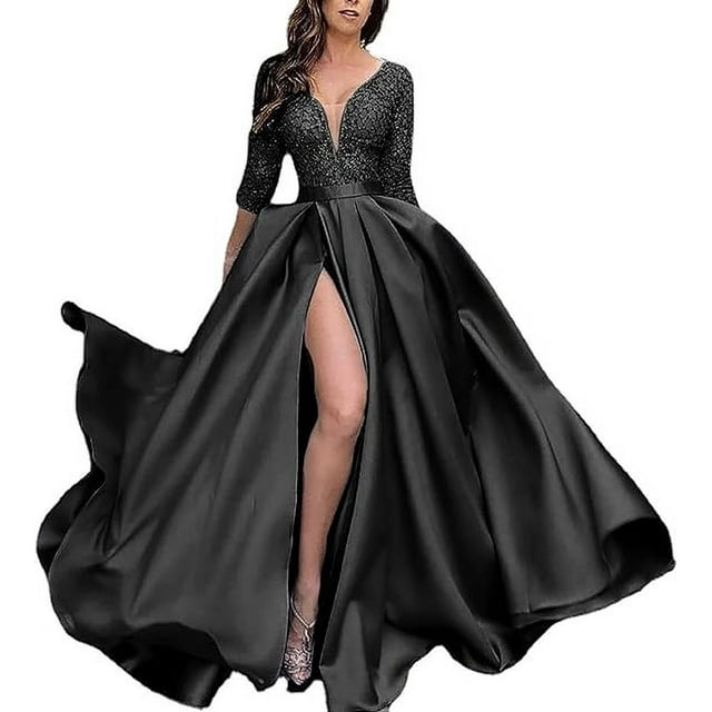 Robe de Soirée Formelle Longue en Dentelle pour Femmes Robes de Mariage Col en V avec Fente Robe de Soirée pour Femmes avec Manches