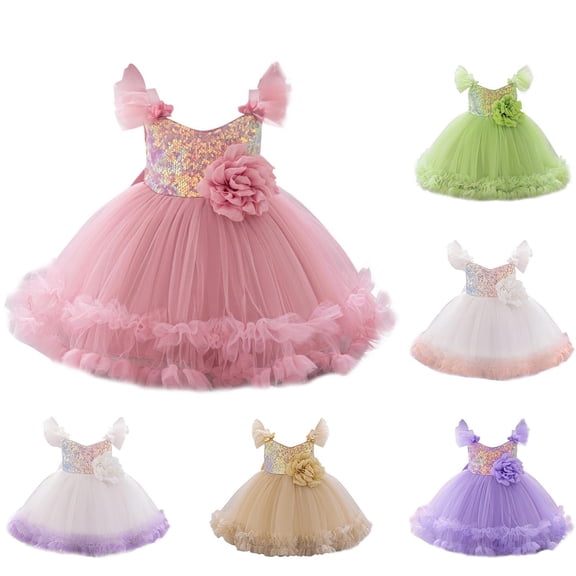 THDHVS Flower Girl Dress,Toddler Girls Dress with Flutter Sleeves Sparkle 3D Flowers and Tulle for Special Occasion Party,Girls' Dresses Hot Pink