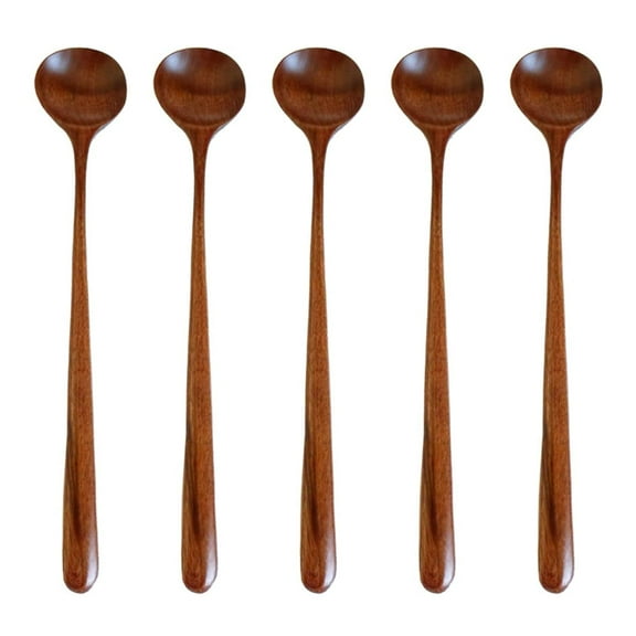 5Pieces Korean Style Wooden Long Spoon, 10.9 inch 100% Natural Wood Long Handle Round Spoon, Kitchen Tool for Soup, Cooking, Blender (Brown)