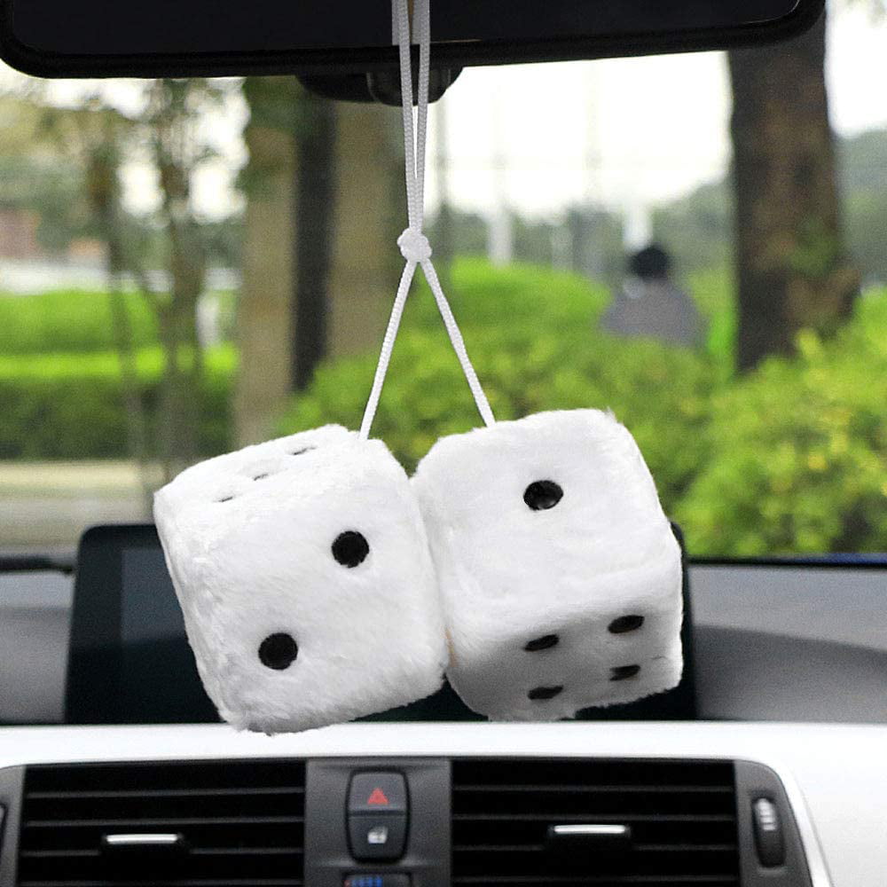 2.8'' 4 Color Fuzzy Dice Car Mirror Hanging String Cute Dot Pendant Plush Hanger 