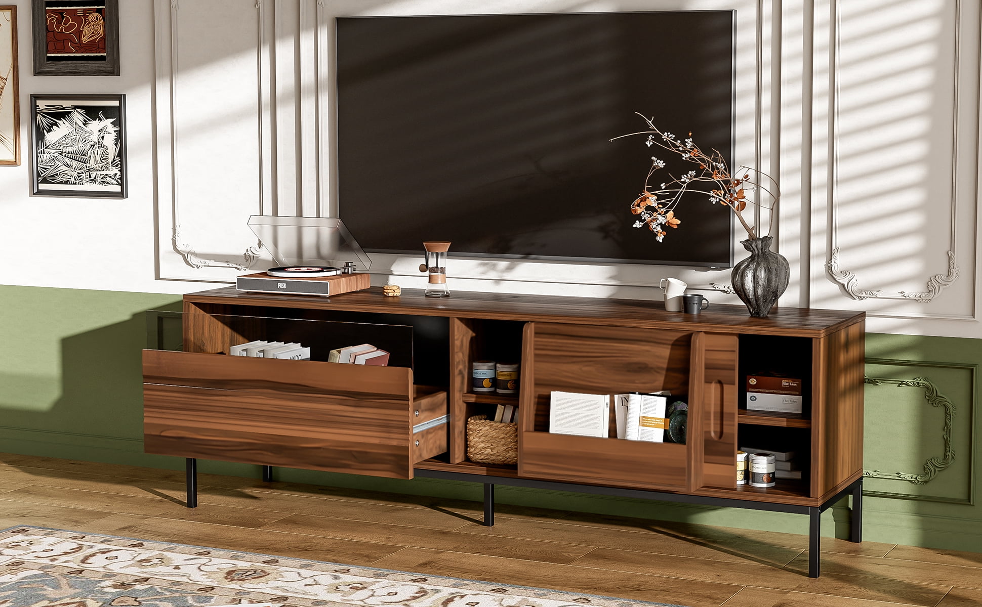 Euroco 70.8'' Modern TV Stand for TVs up to 75 Inches, Entertainment Center with Storage Space, Sliding Doors, Adjustable Shelves and Metal Frame, Mid Century Modern Media TV Console Table