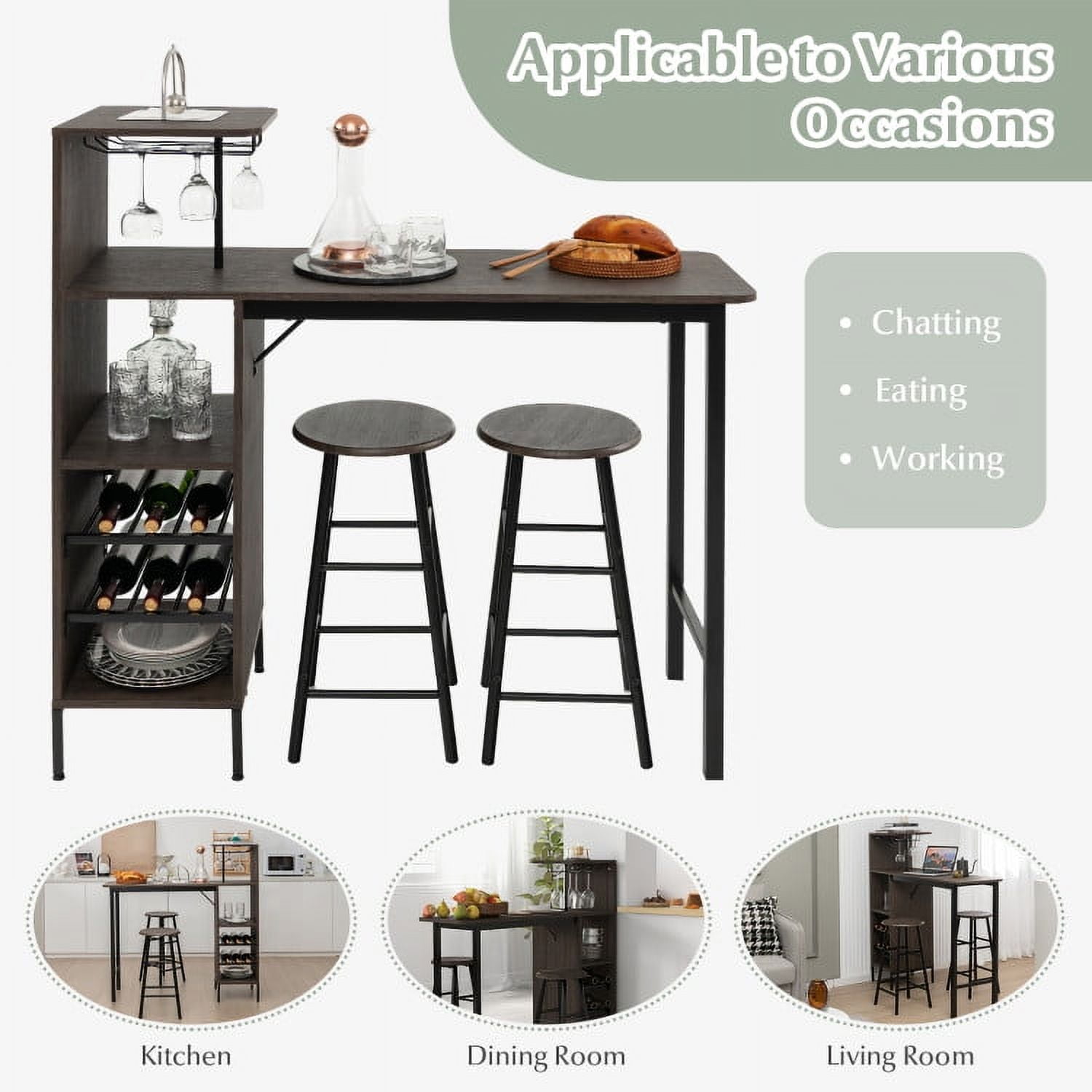 Finihen Dining Set, Dining Table Set, 3 Piece Bar Table and Chairs Set with 6-Bottle Wine Rack, for Home, Restaurant, Brown Finihen Dining Set, Dining Table Set, 3 Piece Bar Table and Chairs Set with 6-Bottle Wine Rack, for Home, Restaurant, Brown