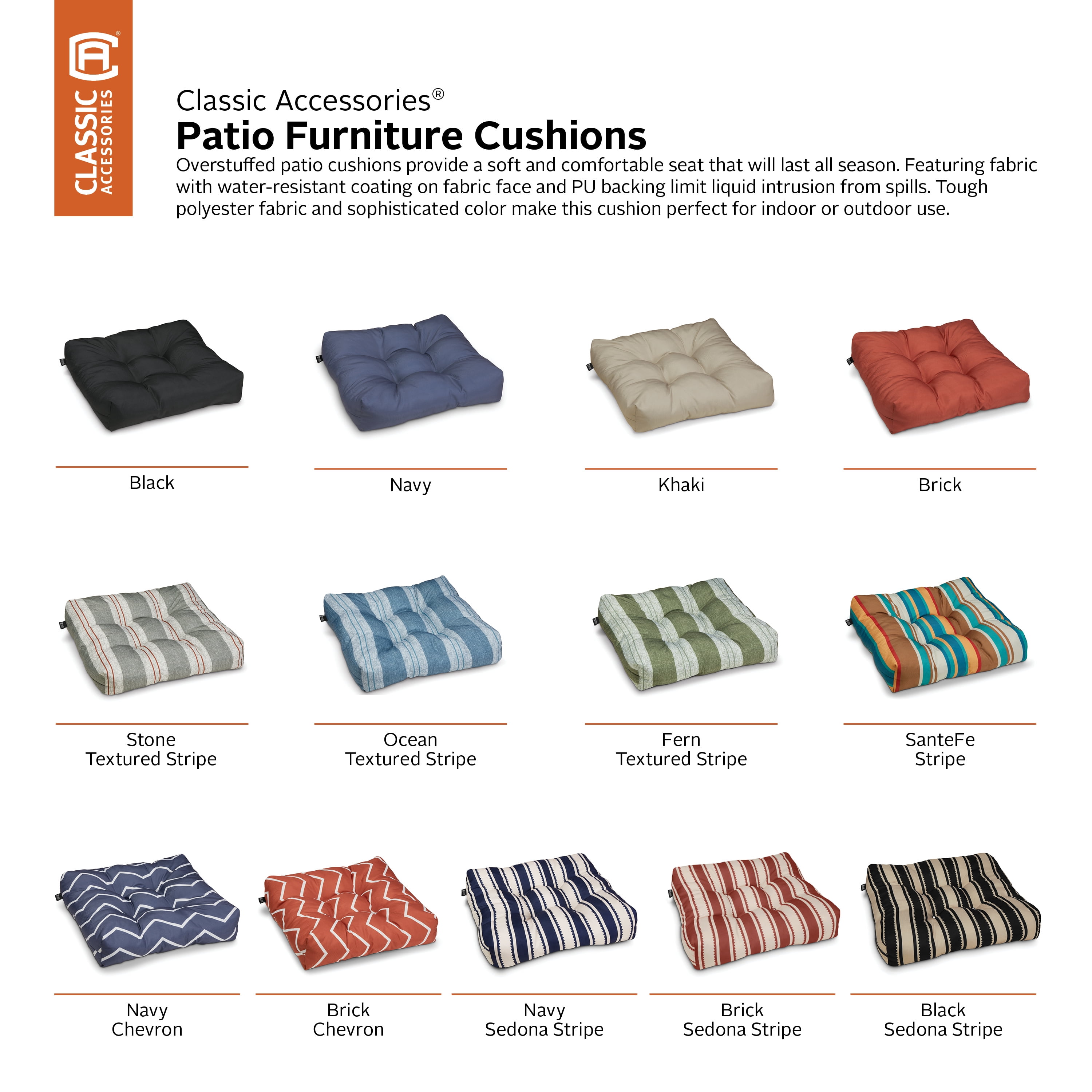 Classic Accessories Water-Resistant Square Patio Seat Cushions, 19 x 19 x 5 Inch, 2 Pack, Black Sedona Stripe