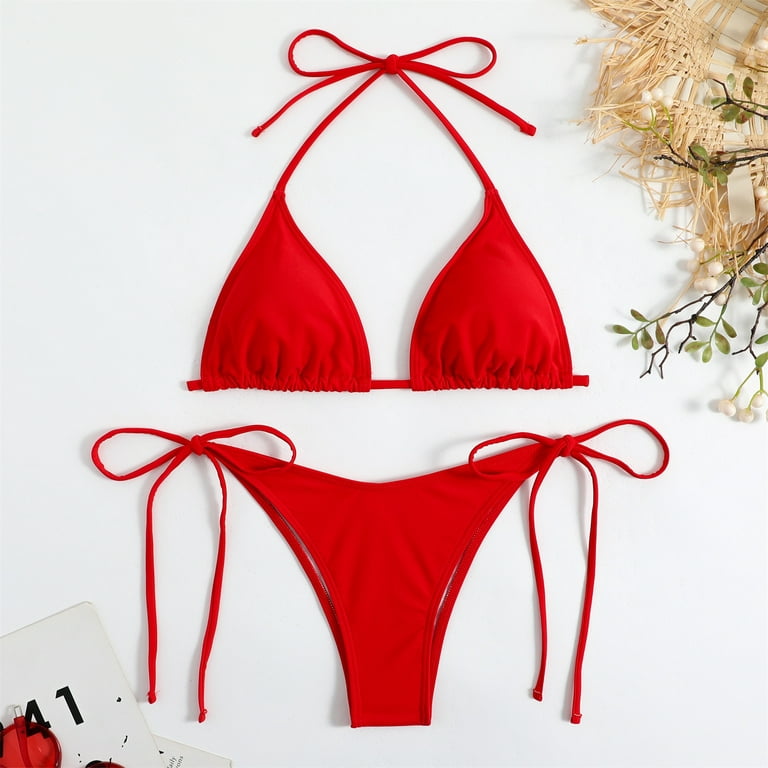 RQYYD Reduced Women's Triangle Bikini Solid String Bikini Set Two Piece  Bathing Suits Tie Two Sides Bottom Triangle Bikini Swimsuits(Red,L)