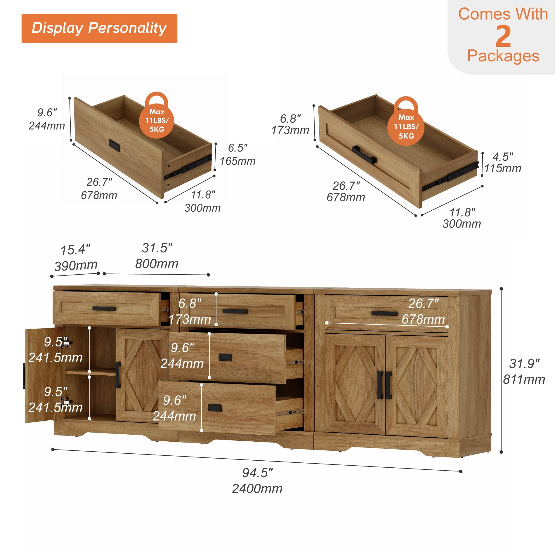 WAMPAT 94.5"W Large TV Stand,3-in-1 Farmhouse Entertainment Center with Storage Barn Door Cabinet,TV Console Table With Media Cabinet and Drawers for Living Room,Bedroom,Walnut