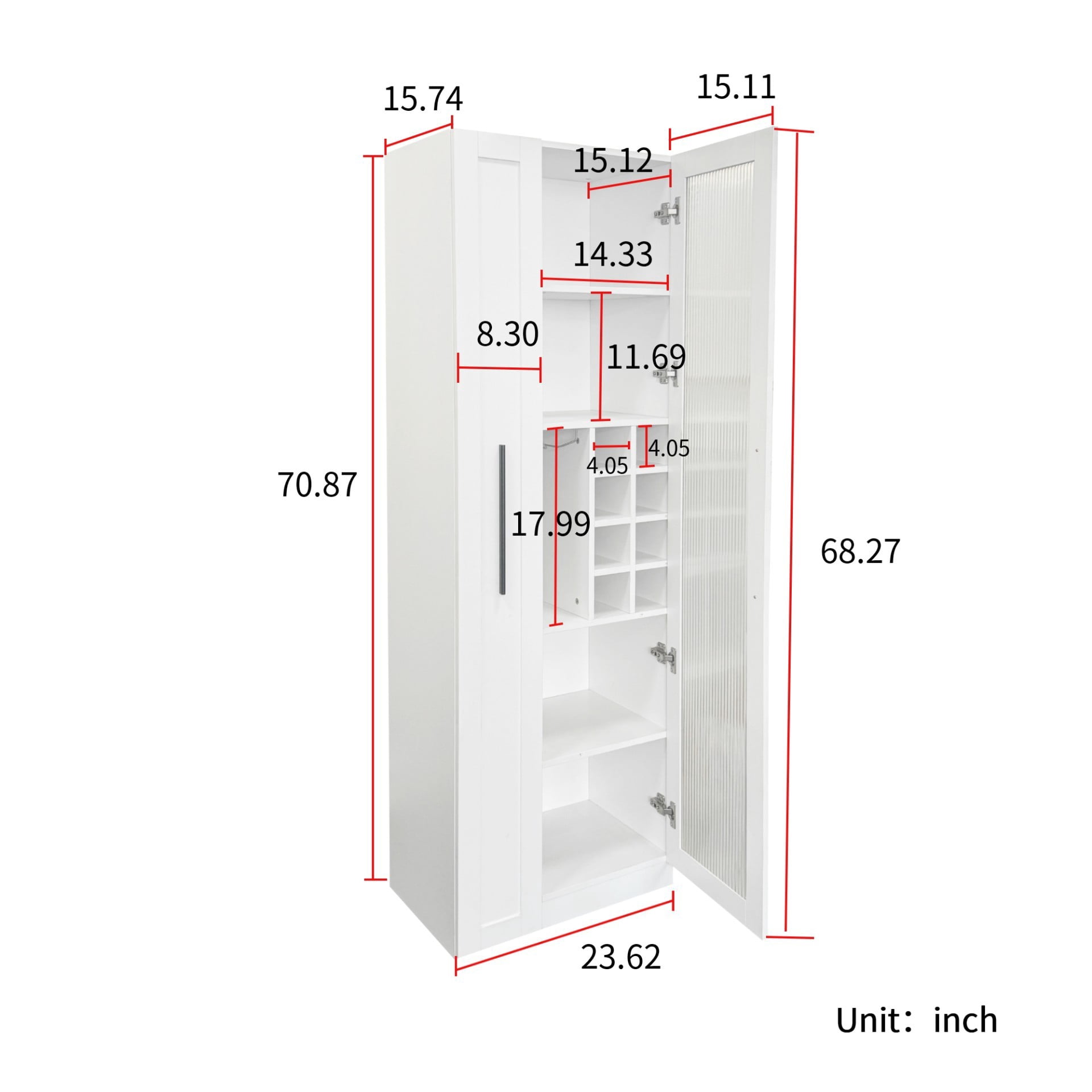 Kitchen Pantry Cabinet with Pull Out Shelves, Farmhouse Storage Cabinet with Glass Doors, Multi Tier Organizer for Kitchen Dining Room, White