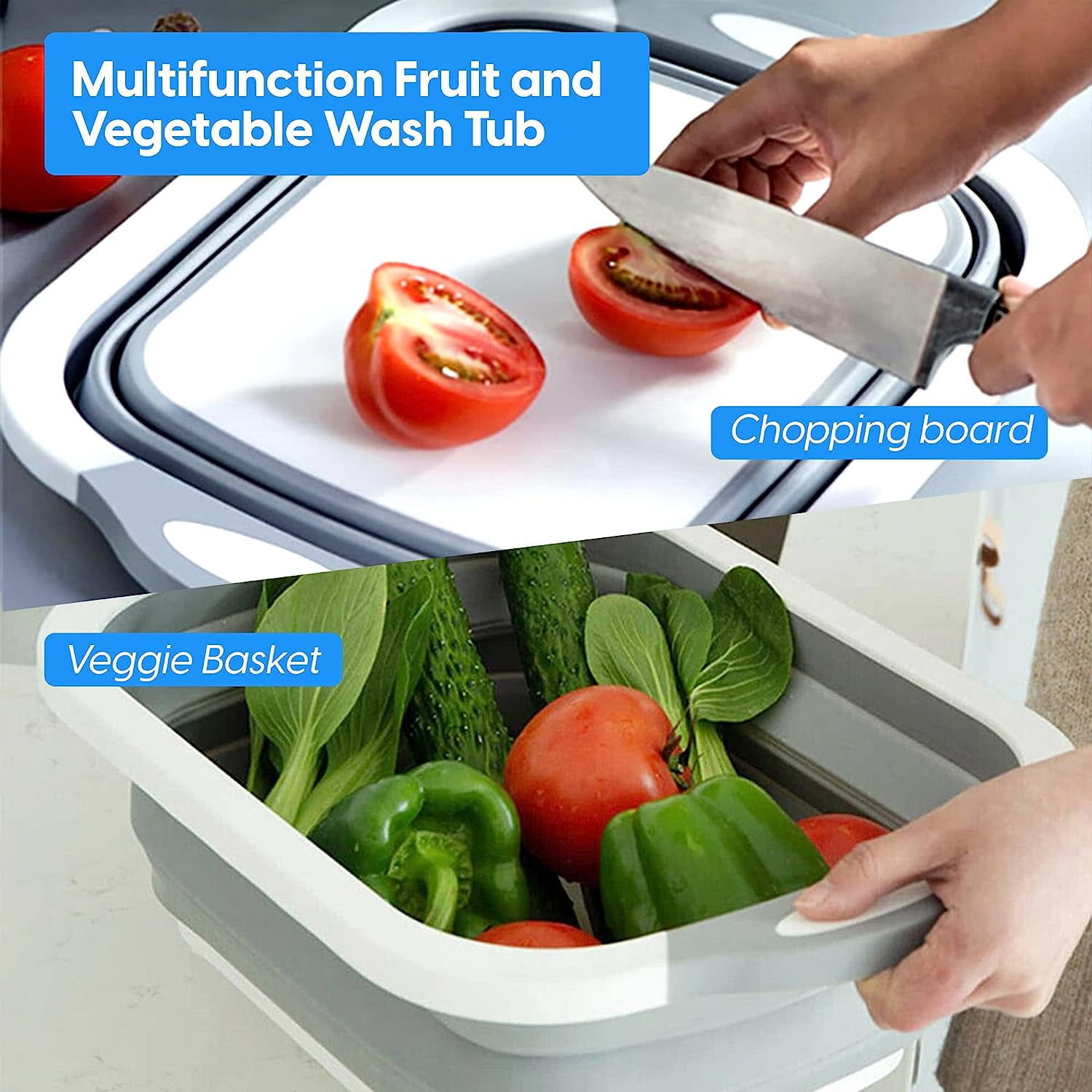 AquaPure – Fruit and Vegetable Washing Basket, Foldable Chopping Board with Draining Plug, Collapsible Cutting Board, Kitchen Essentials, Washing Sili