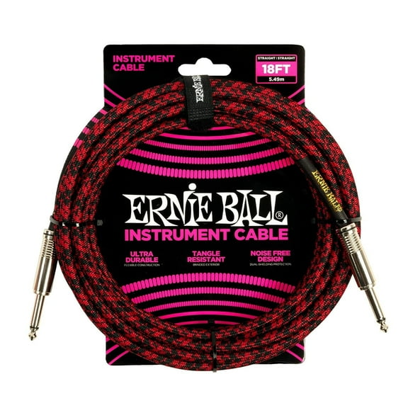 Ernie Ball Braided Instrument Cable, Straight Straight, 18ft, Red/Black