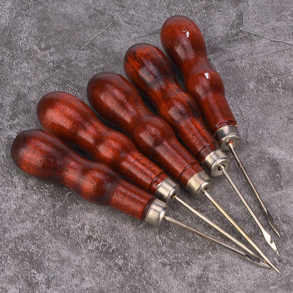 Gupbes Stitching Awl,5PCS Wooden Handle Awl Hole Punch Sewing Stitching