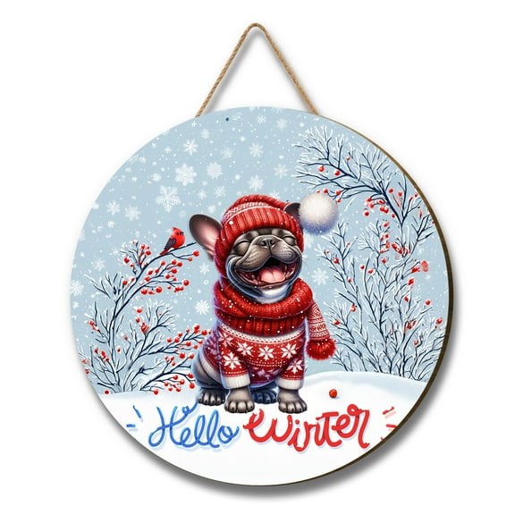 Hello Winter French Bulldog Smiling in Red Scarf Hat Welcome Christmas Round Wood Sign Dog Lover Gifts Hanging Wall Home Decor - 00017