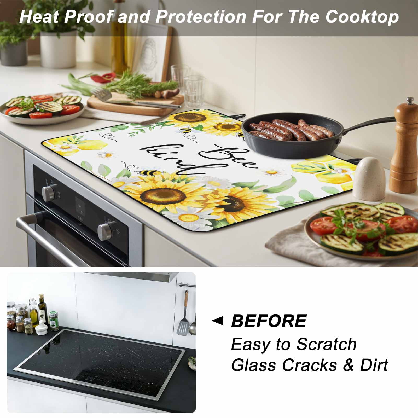 Sunflower Floral Stove Top Cover for Electric Stove, Heat-proof & Non Slip Glass Top Stove Cover Protector, Farmhouse Pastoral Daisy Bees Botanical Kitchen Flat Cooktop Rubber Mat 24x21 Inches