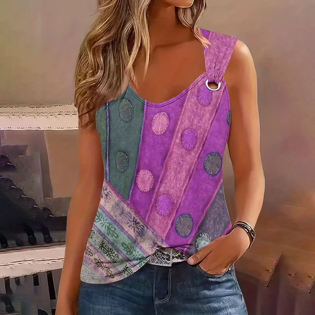 XWSHYW Blouses pour Femmes Camisole Imprimée pour Femmes T-Shirt Sans Manches Débardeur Ample