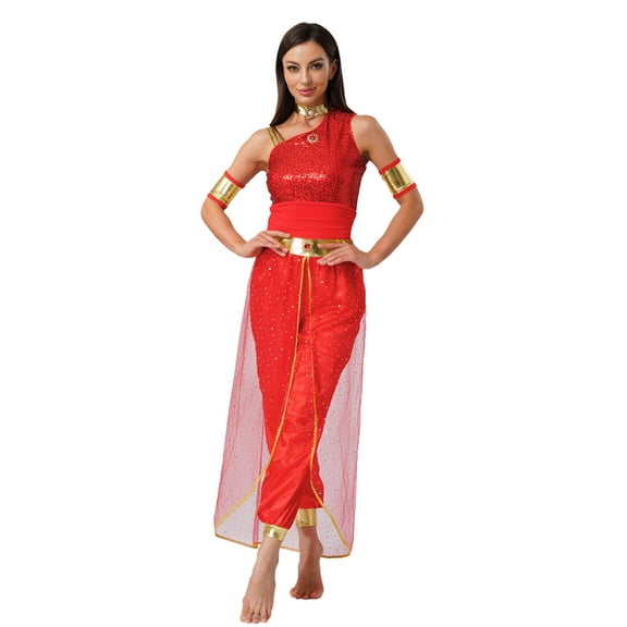 Aislor Women's Arabian Princess Belly Dance Costume Gem Decor Shiny Tulle Overlay Jumpsuit for Party Red XL