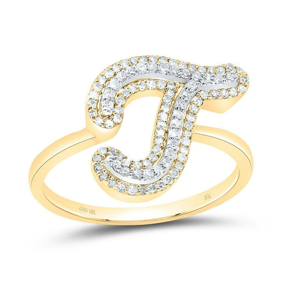 10K Yellow Gold Genuine Diamond Women's Script Letter T Initial Ring 1/3 CT
