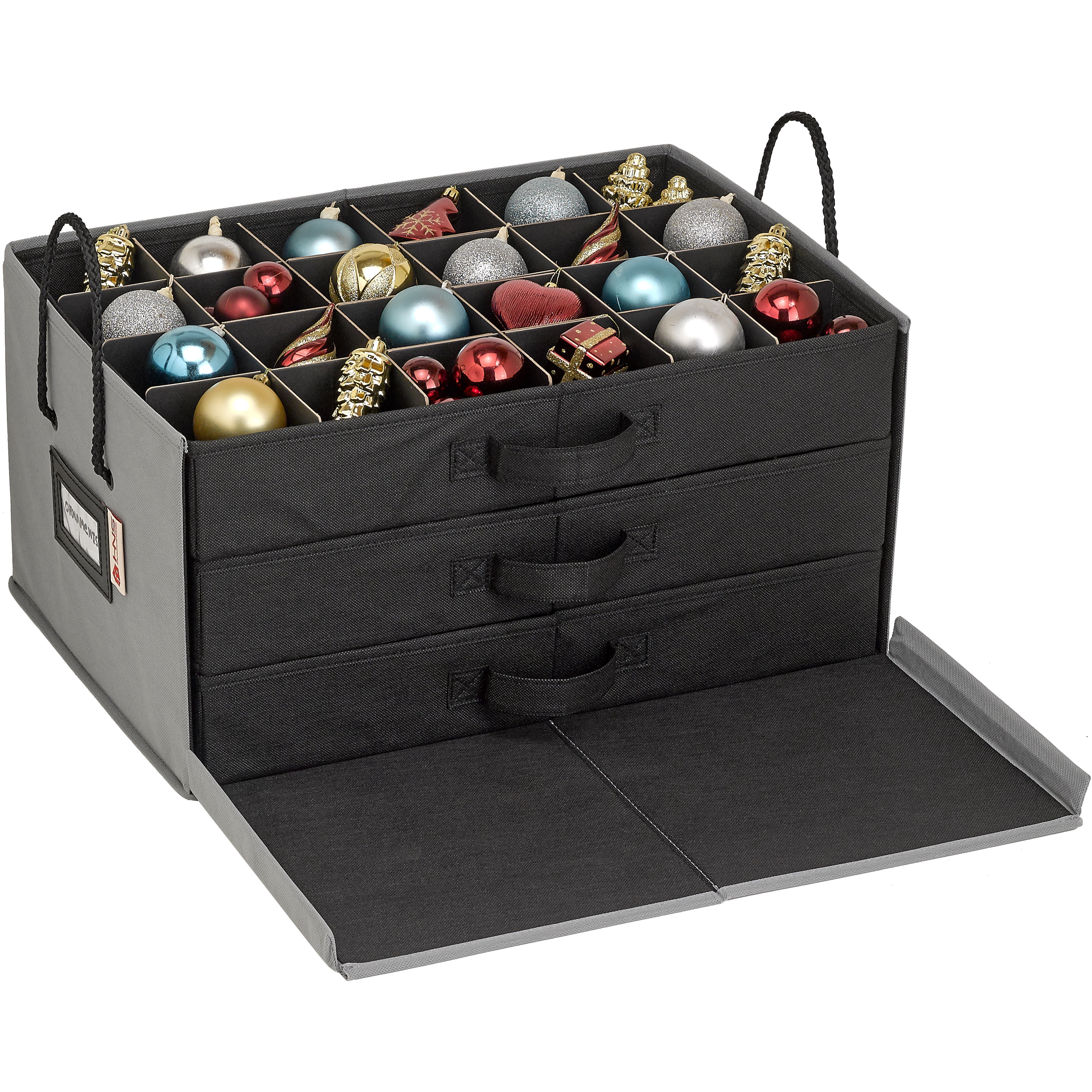 ProPik Christmas Ornament Storage Box Organizer Chest, with 3 Trays Holds Up to 75 Ornaments Balls, with Dividers to Organize (Black)