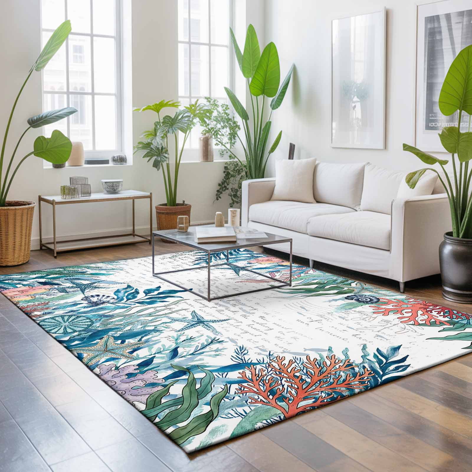Area Rugs 4'x6'. Coastal Teal Seaweed Carpet Runner Indoor Outdoor Rugs Home Decor Aesthetic, Summer Beach Coral Starfish Retro Non Slip Mats Washable Accent Rug for Living Room Bedroom