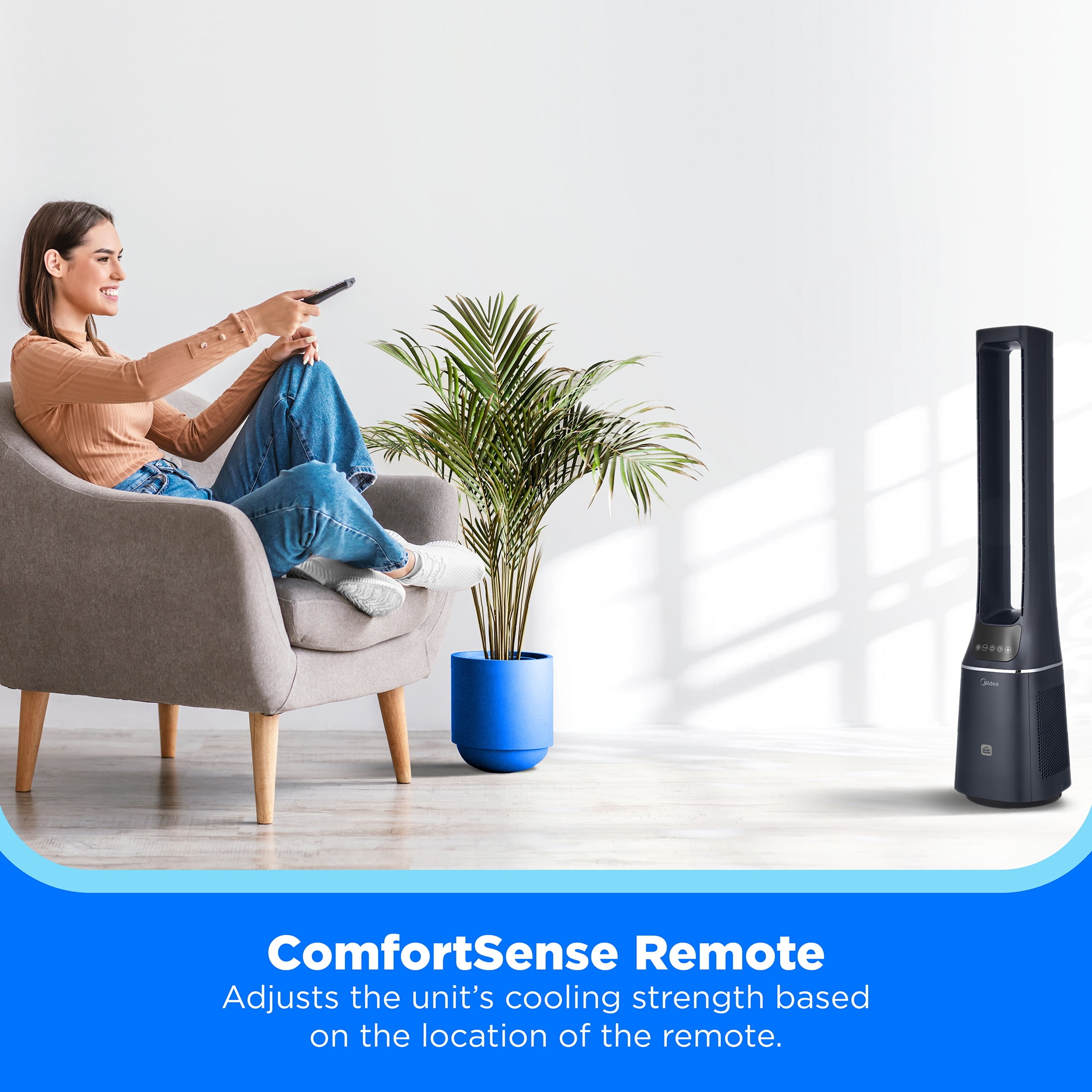 Midea 41-Inch Bladeless Tower Fan & HEPA Purifier, Smart WIFI Enabled, Remote, Blue, AMS150-PBW