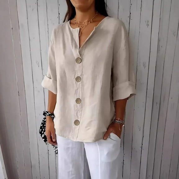 Beige Womens Tops Long Sleeve Shirt Women Tops 3/4 Sleeve Cotton Linen Button Down V Neck Shirts Casual Loose Outfits Clothes Shirts for Women