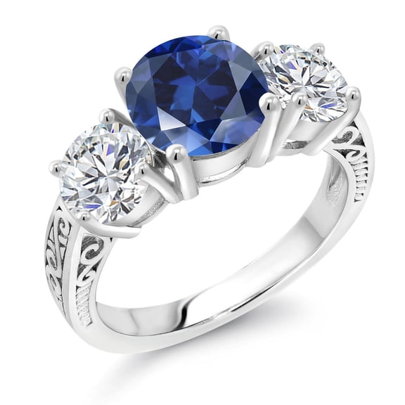 Gem Stone King 925 Sterling Silver Blue Created Sapphire and Lab Grown Diamond Engagement Ring for Women | 3.98 Cttw | Round 8MM | Gemstone September Birthstone | Size 5