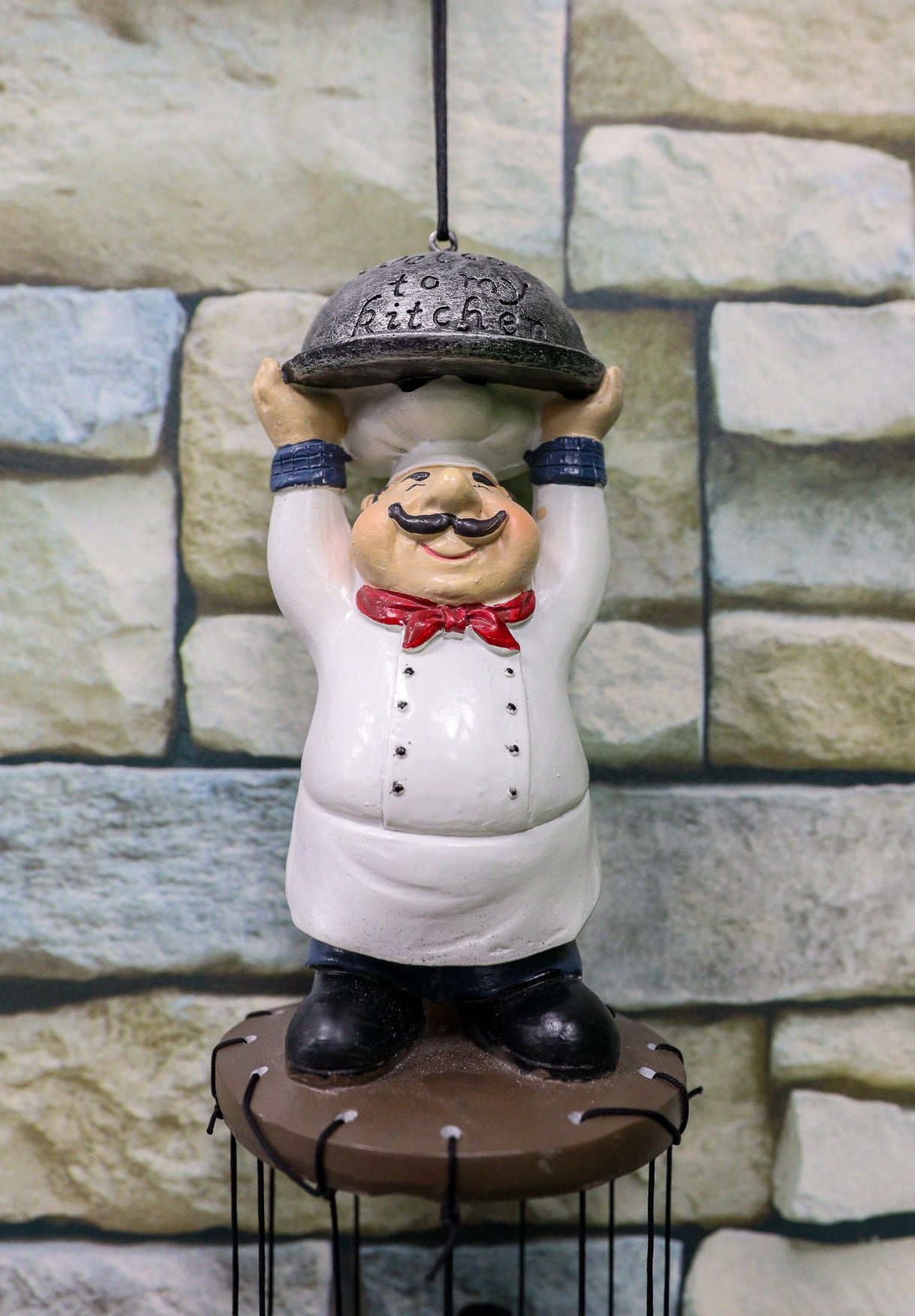 Welcome Chef Cordon Bleu Lifting Cloche Dome Figurine Crown Garden Wind Chime