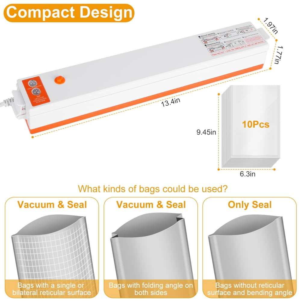 Hassch Vacuum Sealer Machine for Food Preservation and Freshness Storage, Compact Automatic Vacuum Sealing Machine with 10 Vacuum Bags for Dry Moist Food, White