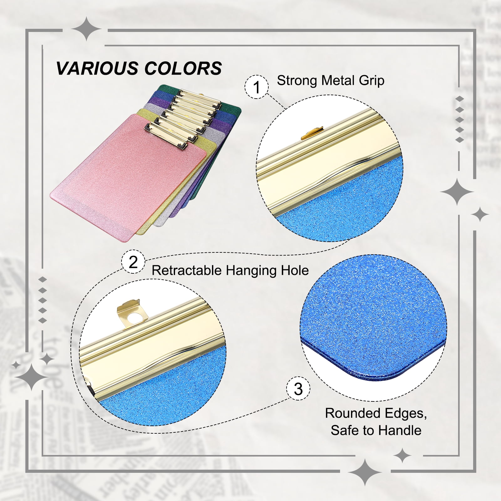 Uxcell 2 Pcs Plastic Clip Boards, A4 Size Glitter Blue Stylish Clip Boards Glitter Design Cute Clipboards Office Supplies for Restaurant Shop Store Note Memo Card Sign Holder