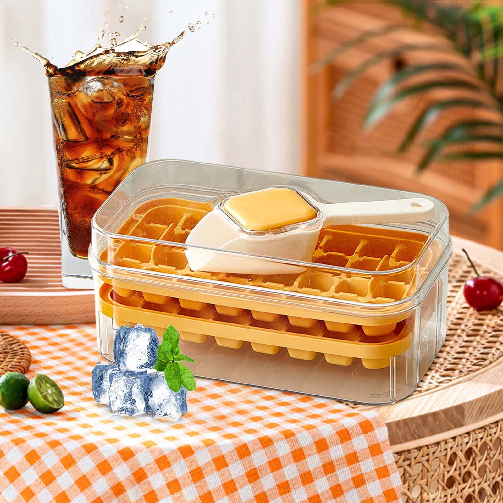 COM1950s Ice Tray with Storage Bin, One Click Release Double Layer Portable Ice Maker with Handle, Large Capacity Ice Container for Summer Home Party