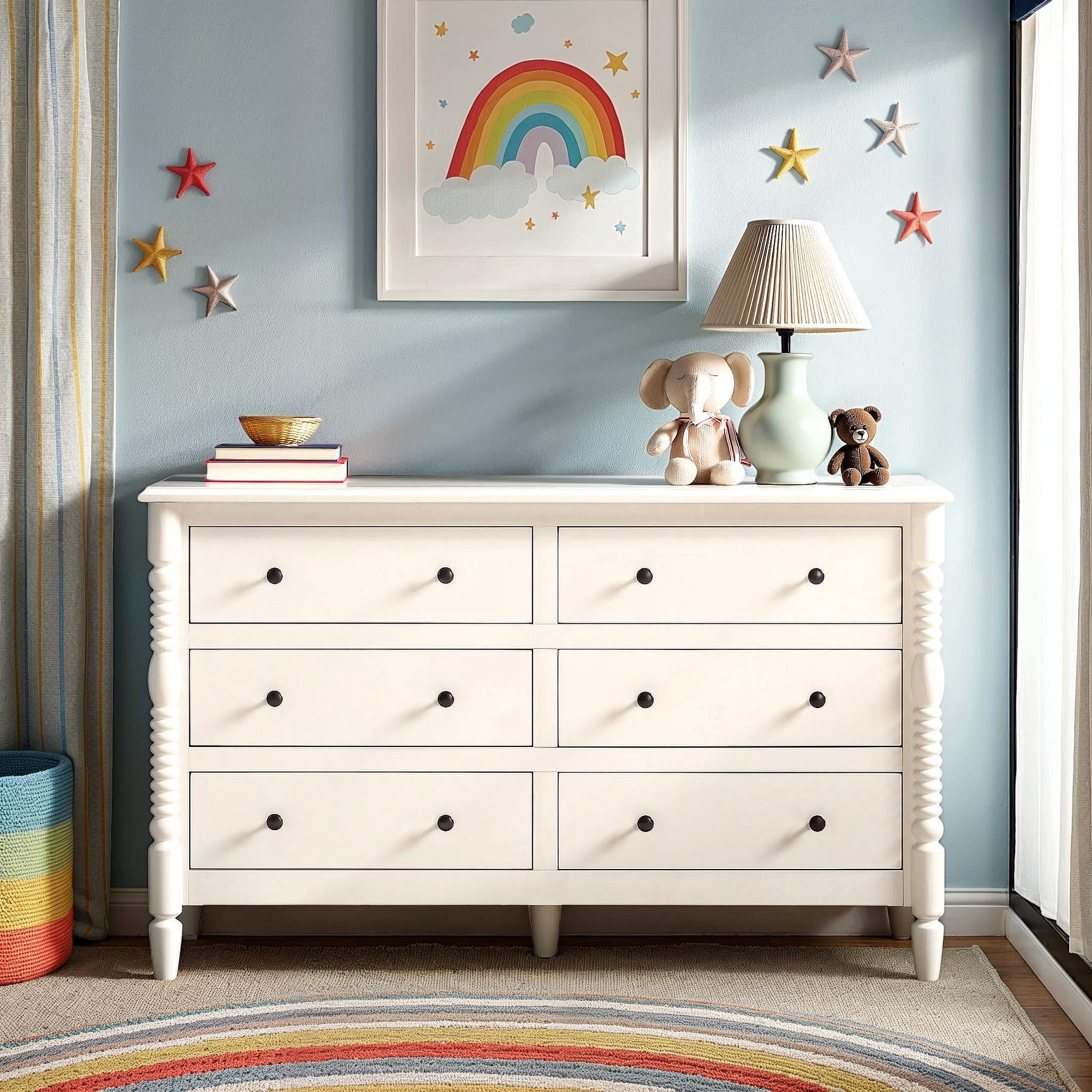 Vivienne Walker Edison Easy Assembly Solid Wood Spindle 6-Drawer Dresser - White