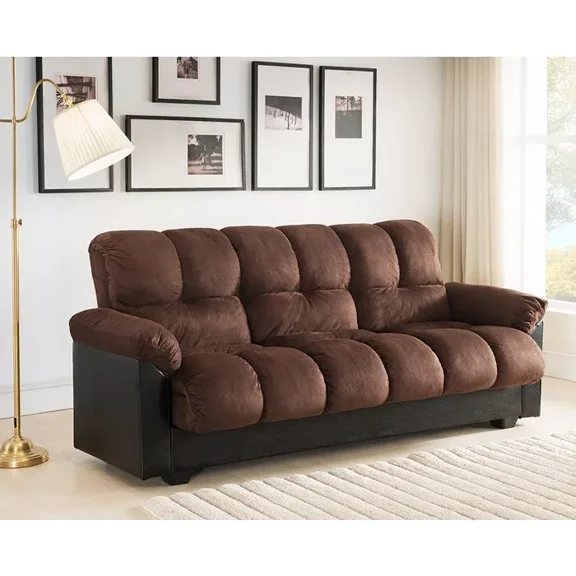Covertible Futon Sofa Bed with Storage, Plush Fabric Upholstered Sleeper Sofa Couch, Brown