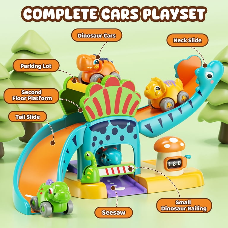 OROLIVING Dinosaur Slide & Parking Lot with 4 Toy Cars photo 2