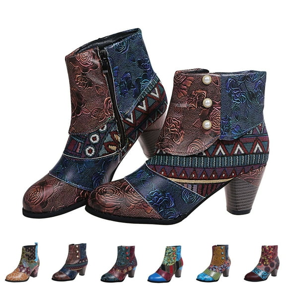 Mepaouo Ankle Boots for Women Fashion Leather Round Toe Pump Short Booties Chunky Heels Dress Boot