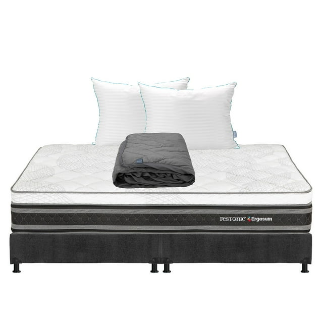 Colchón King Size Ergosum Restonic + Box + Almohada Royal Twin + Protector Lux