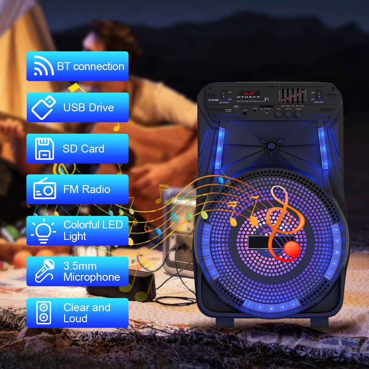 12'' Woofer Heavy Bass Bluetooth Speaker Portable Party PA Sound System Mic LED FM AUX Handle Wheels