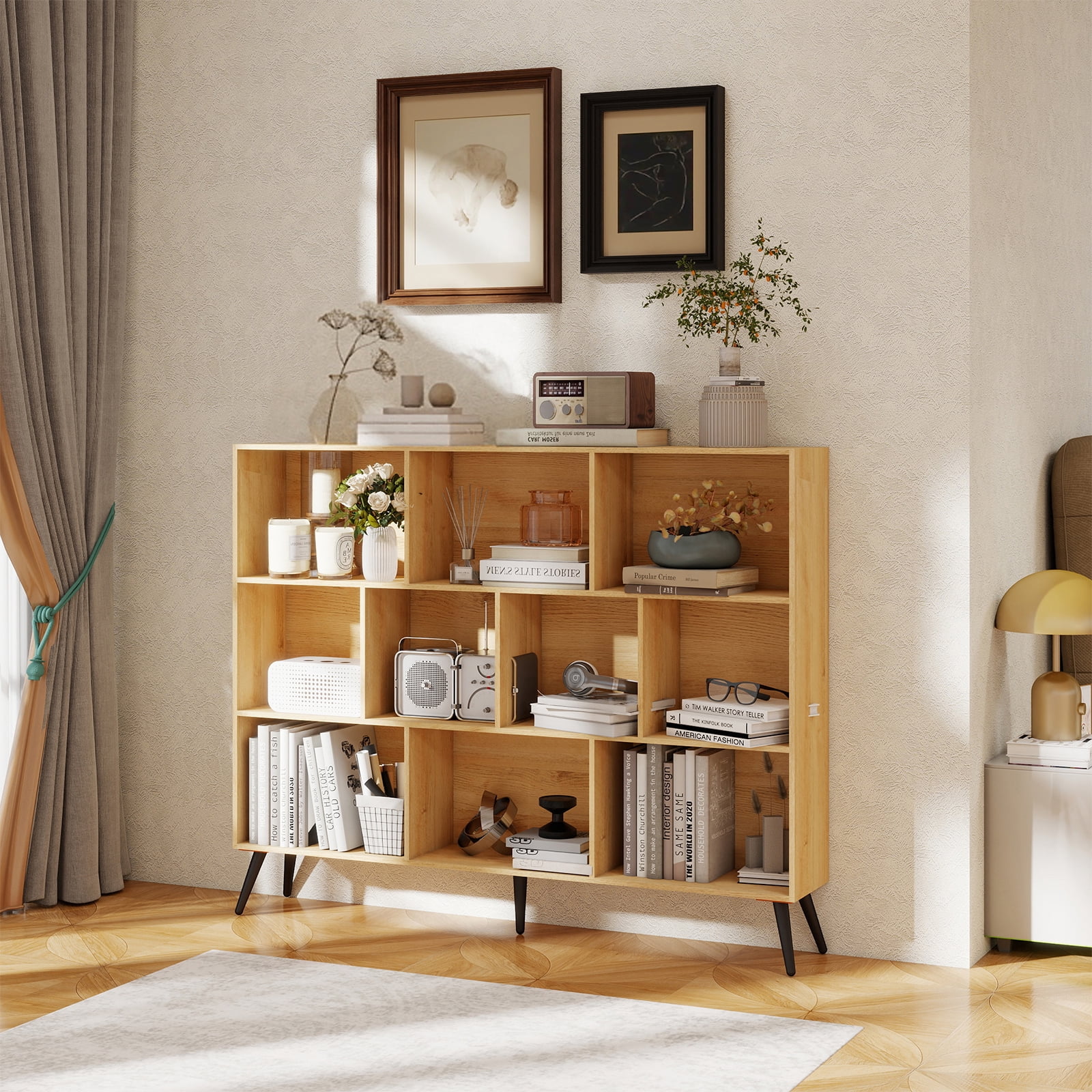 Tzou 10-Cube Bookshelf – 55" Large Storage Organizer with Anti-Tip, 3-Tier Wooden Bookcase for Living Room, Bedroom, Office – Open Shelf Display for Books, Toys, Decor