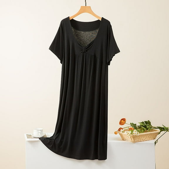 ylioge Modal-Nightgowns for Women Casual Short Sleeve V Neck Sleepshirts Ladies Lightweight Solid Pullover Soft Sleepwear Dresses Summer