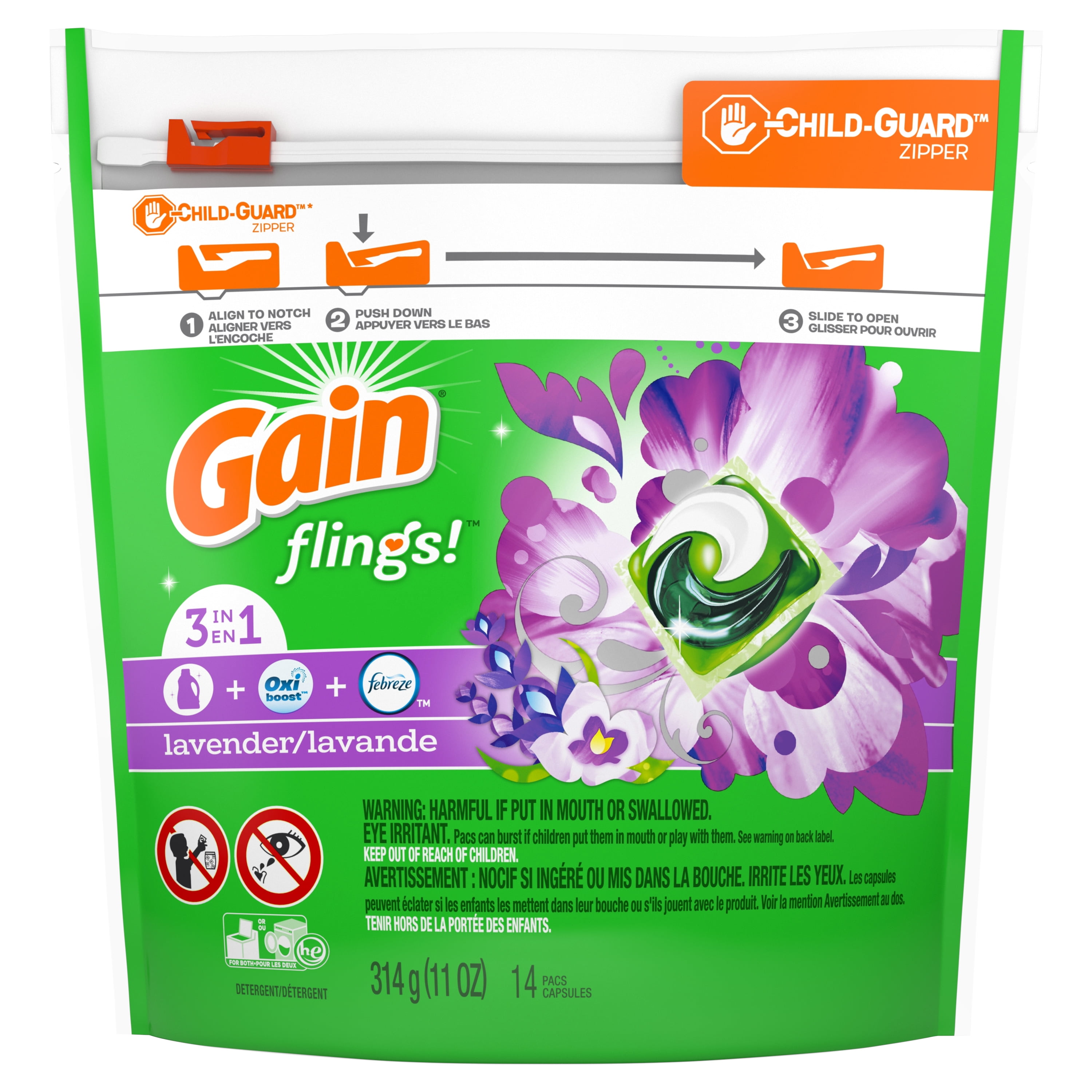 Gain flings! Liquid Laundry Detergent Pacs, Lavender, 14 Count