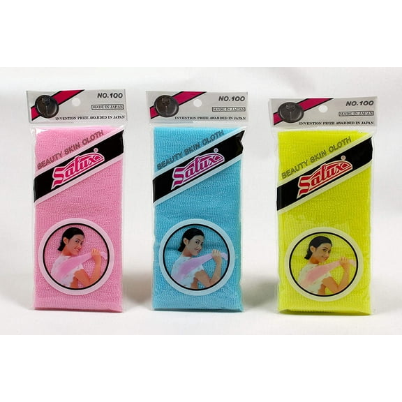 SALUX Nylon Japanese Beauty Skin Bath Wash Cloth Towel 3 Count Pink Yellow Blue