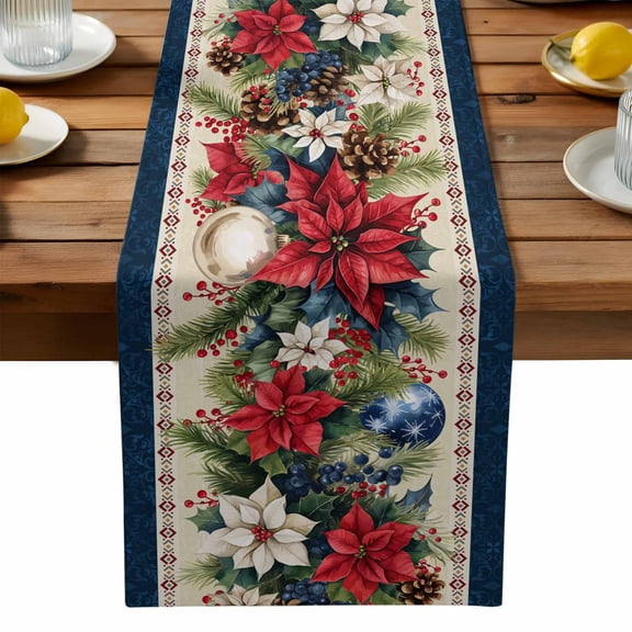 Blue Christmas Cotton Linen Table Runner for Dining Kitchen, Xmas Botanical Poinsettia Balls Wedding Outdoor Party Tablerunners Decoration, Dresser Scarf Coffee Tablecloth Runners 13x48 Inches