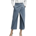 thumbnail image 3 of XPMWRP Women Wrap Overlap High Waist Split Front Wide Leg Cropped Capri Dress Pants Soft Wrinkle Resistant Office Casual Trousers with Pockets Blue L, 3 of 9