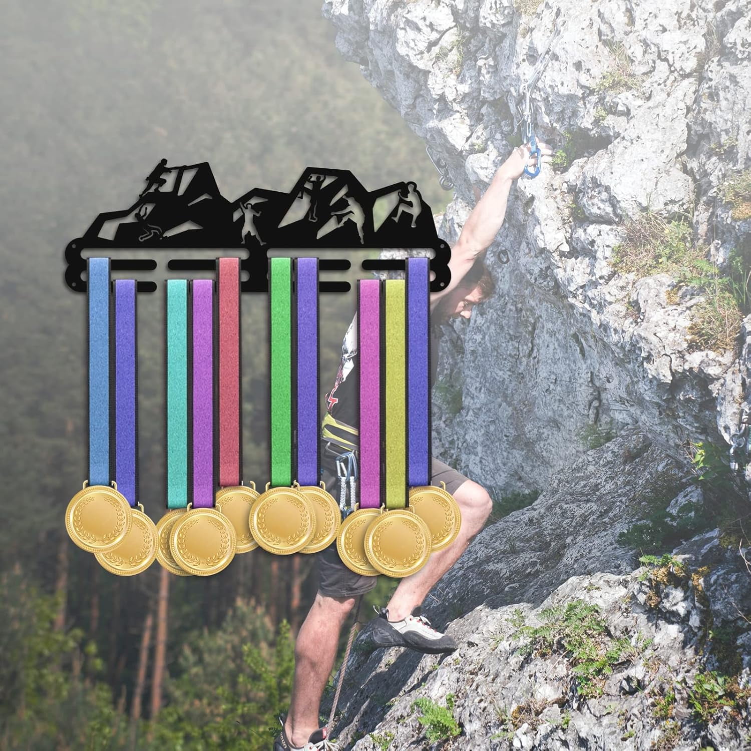 Rock Climbing Medal Hanger Holder Mountain Pattern Ribbon Hanger Tiered Medal Hanger Sport Award Ribbon Cheer Rack Wall Mount Metal Frame for Over 50 Medals 15.75 Inch Making DIY