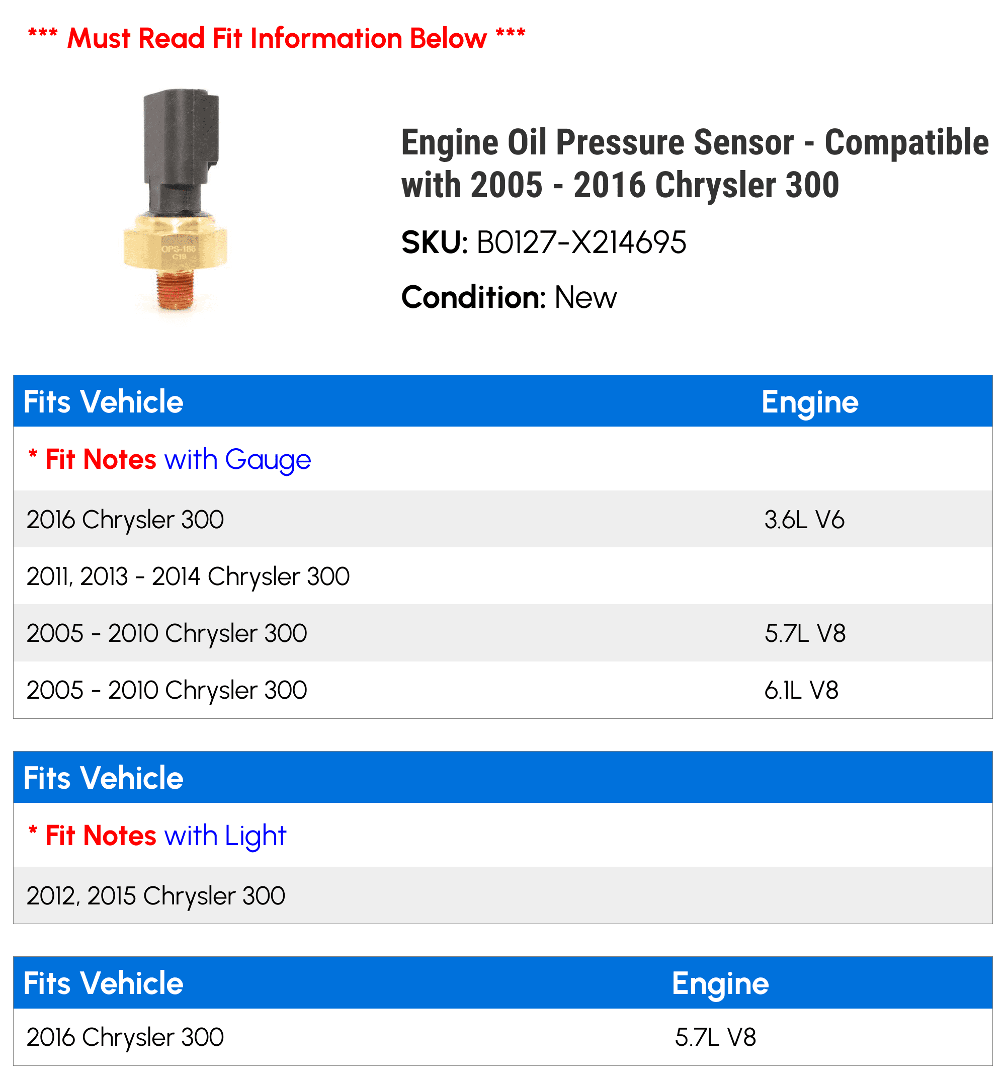 Engine Oil Pressure Sensor - Compatible with 2005 - 2016 Chrysler 300 2006 2007 2008 2009 2010 2011 2012 2013 2014 2015
