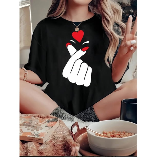 Camiseta con estampado de corazón y dedos para mujer - Cuello redondo informal, manga corta, algodón elástico, lavable a máquina - Perfecta para verano, ropa informal y para el tiempo libre.